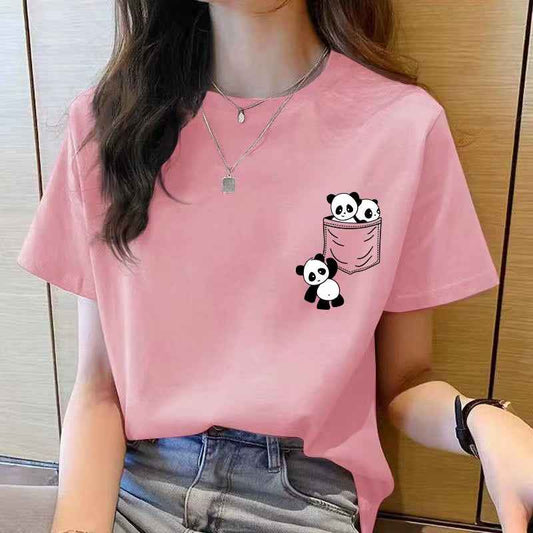 Women Short Sleeve Top  New Pocket Panda Cartoon Printed T-Shirt Korean Fashion Women Tops Loose round Neck T Shirt Women