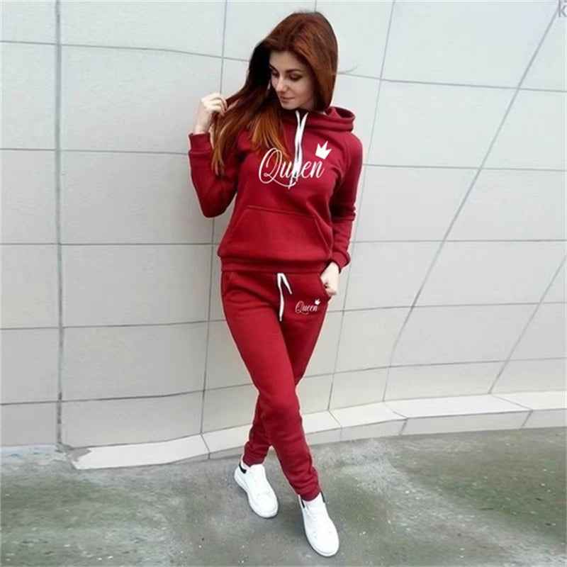 Hot Women'S 2-Piece QUEEN Print Sports Suit Sportswear Jogging Suit Women'S Hooded Sportswear Suit Clothes Hoodie+Sweatpants