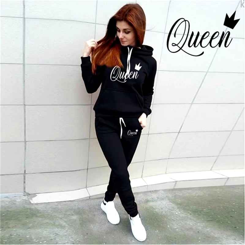 Hot Women'S 2-Piece QUEEN Print Sports Suit Sportswear Jogging Suit Women'S Hooded Sportswear Suit Clothes Hoodie+Sweatpants