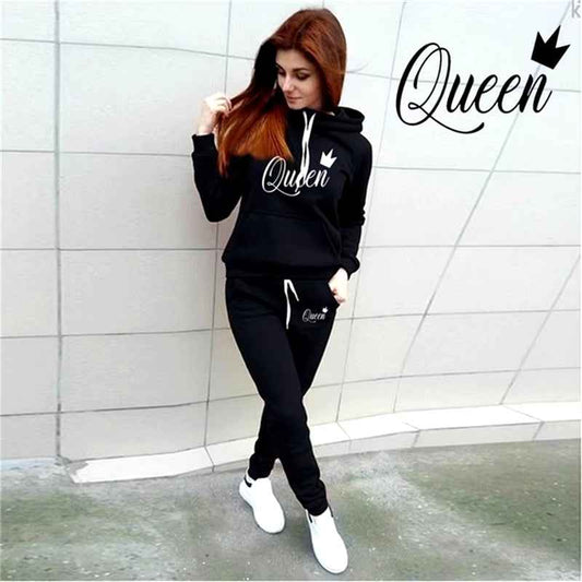 Hot Women'S 2-Piece QUEEN Print Sports Suit Sportswear Jogging Suit Women'S Hooded Sportswear Suit Clothes Hoodie+Sweatpants